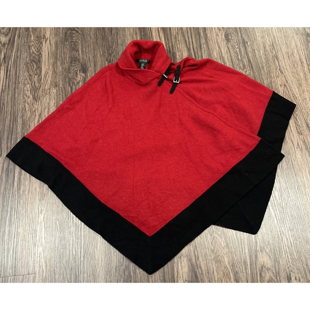 Ralph Lauren Cape Lambswool Laine Leather Buckles Poncho Wrap Red Black Size S/M